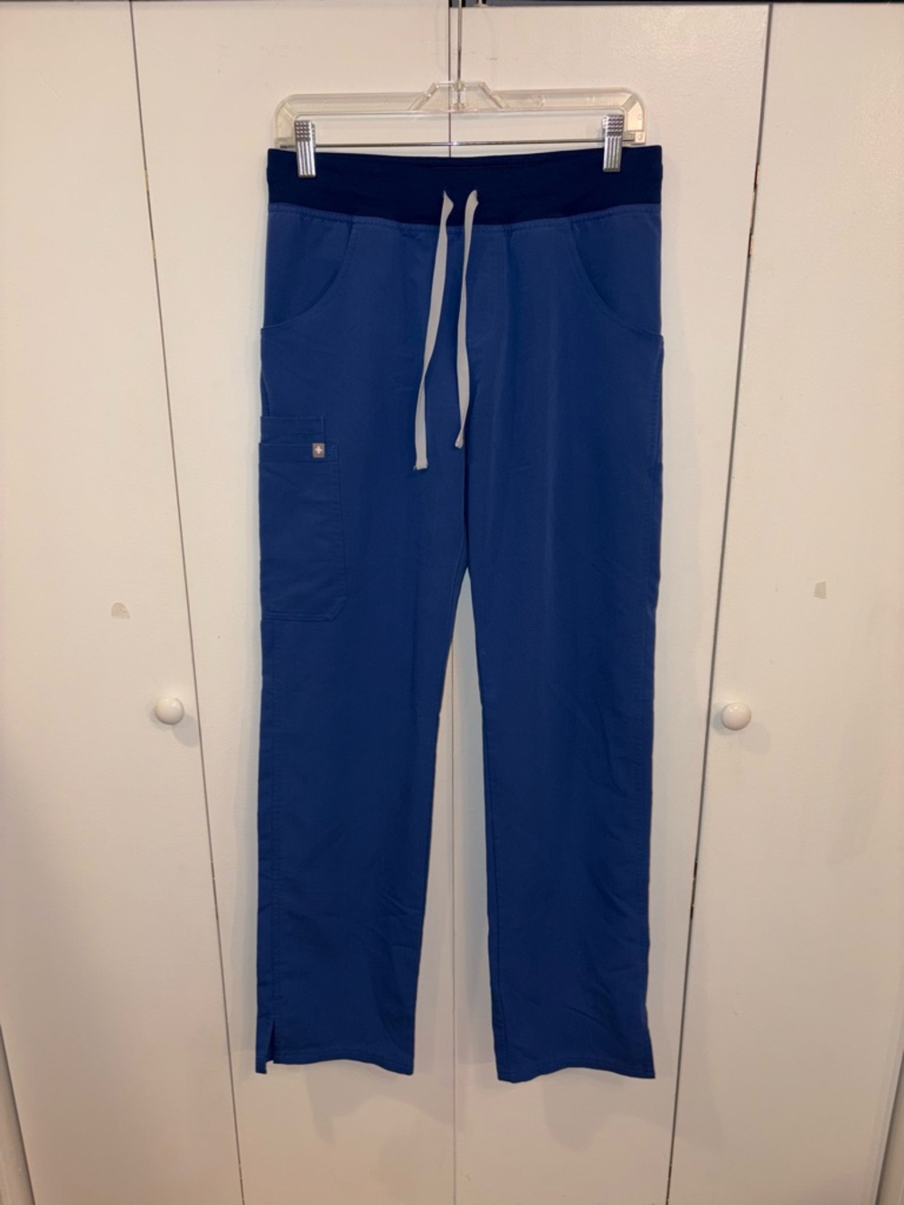 Figs Blue Scrub Pants with Navy Waistband and White Drawstring